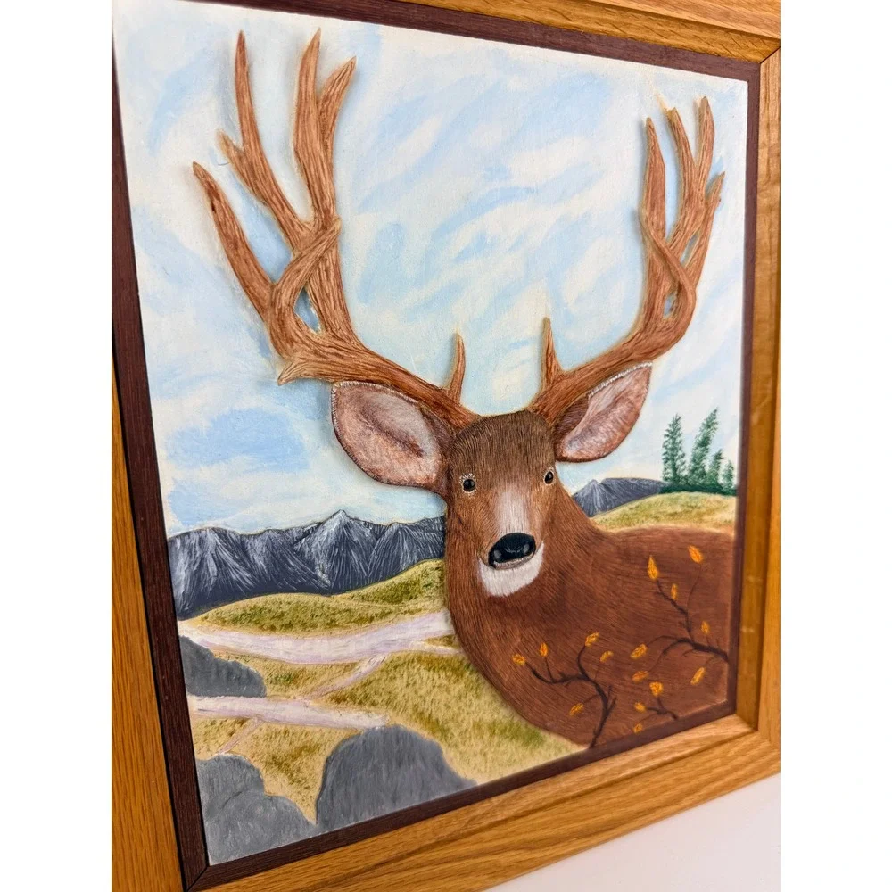 Ponte-Corvo 1998 Handcrafted 3D Deer Buck Relief Sculpture Framed Oak Art
